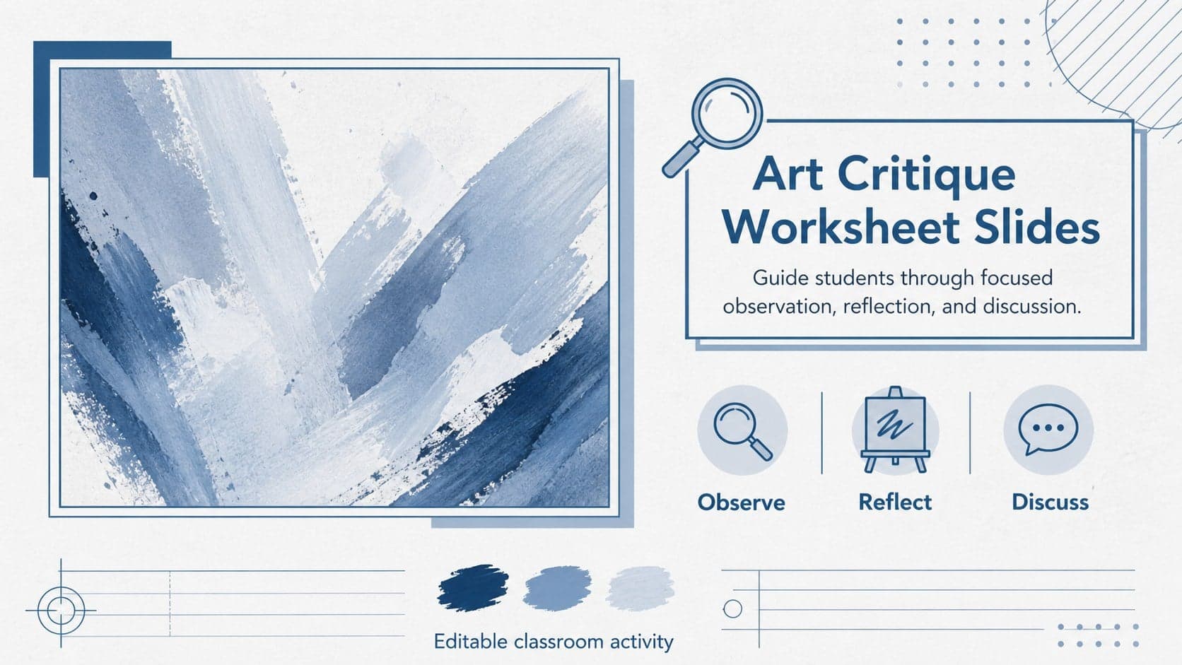 Blue-and-white art critique worksheet slides cover introducing a guided classroom artwork analysis activity.