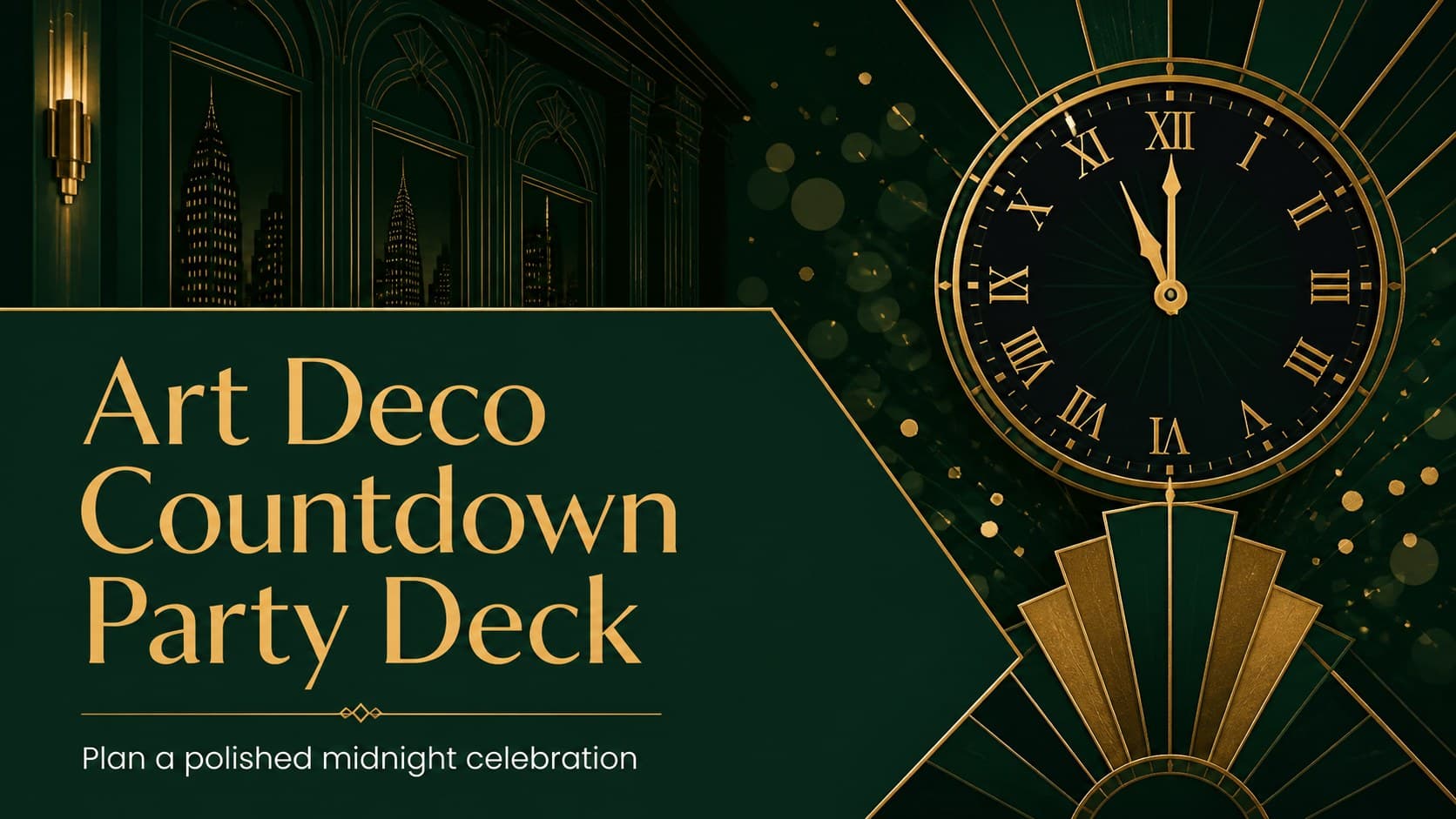 Cover slide for an art deco countdown party deck with a green and gold geometric celebration design.