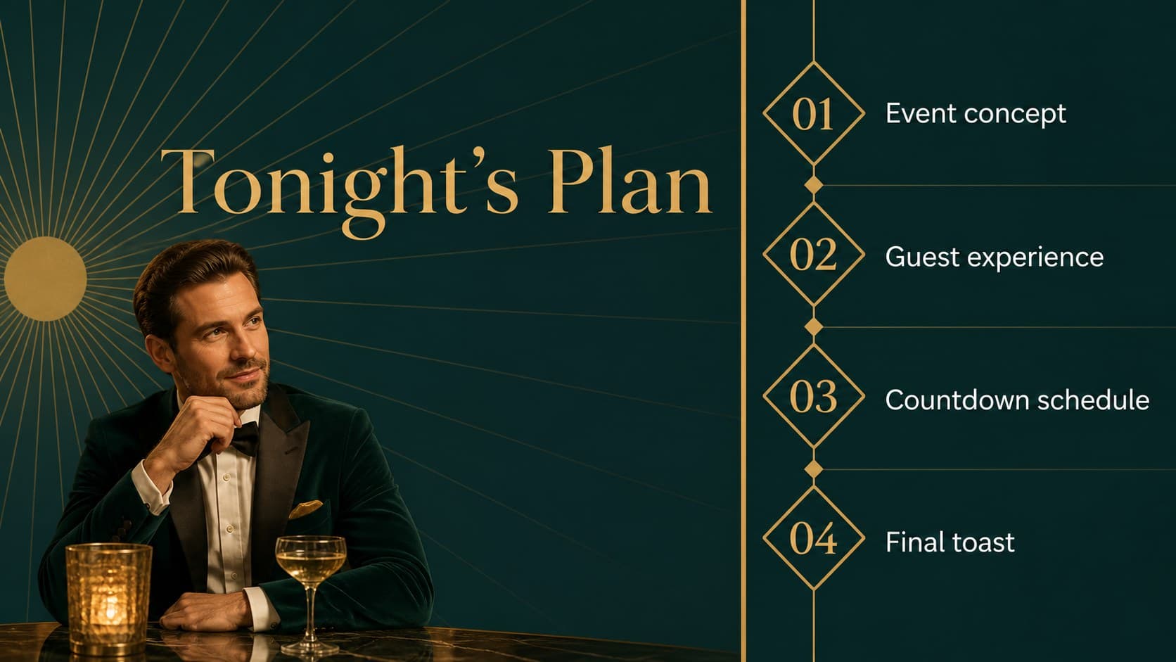 Agenda slide outlining celebration goals and event sections in a green and gold party planning presentation.
