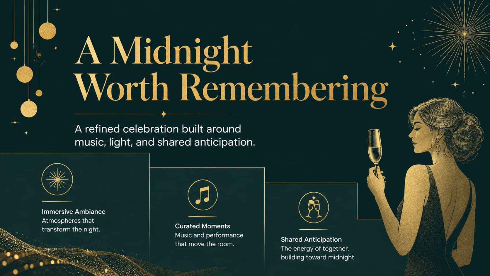 Event concept slide presenting a refined midnight celebration idea with geometric Art Deco decoration.
