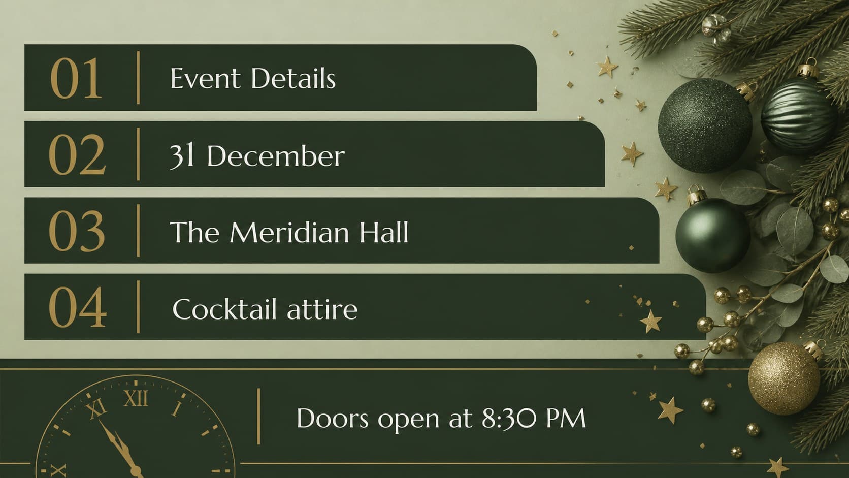 Event details slide showing date, venue, dress code, and arrival information for a midnight celebration.