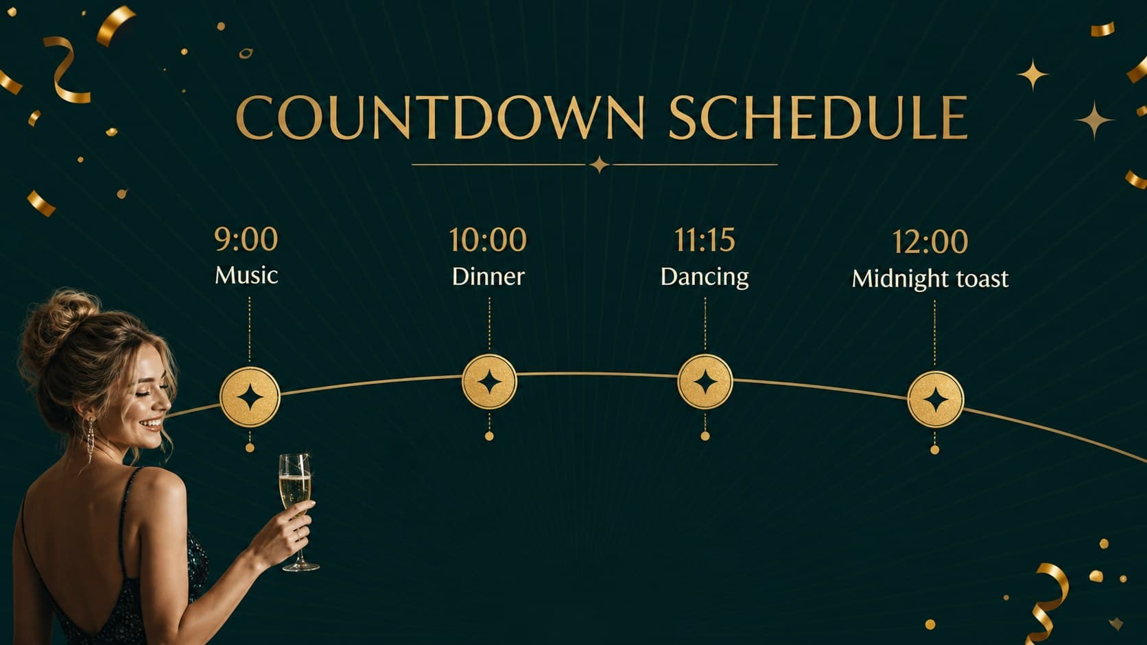 Countdown schedule slide mapping music, dinner, dancing, and midnight toast in an Art Deco event deck.