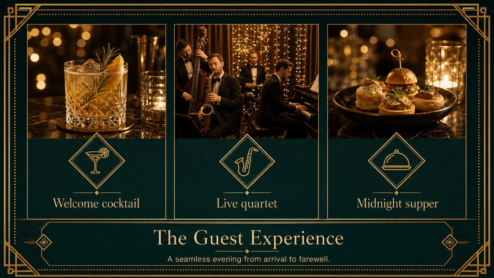 Guest experience slide with elegant hospitality highlights and service details for a New Year event.