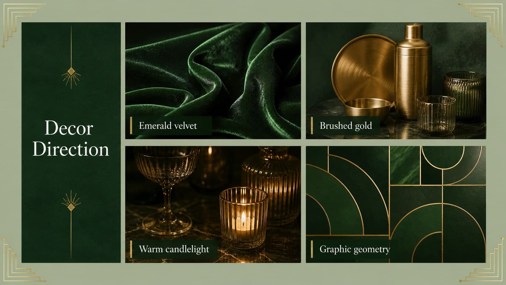 Decor mood board slide showing emerald, gold, lighting, and geometric styling for a luxury celebration.