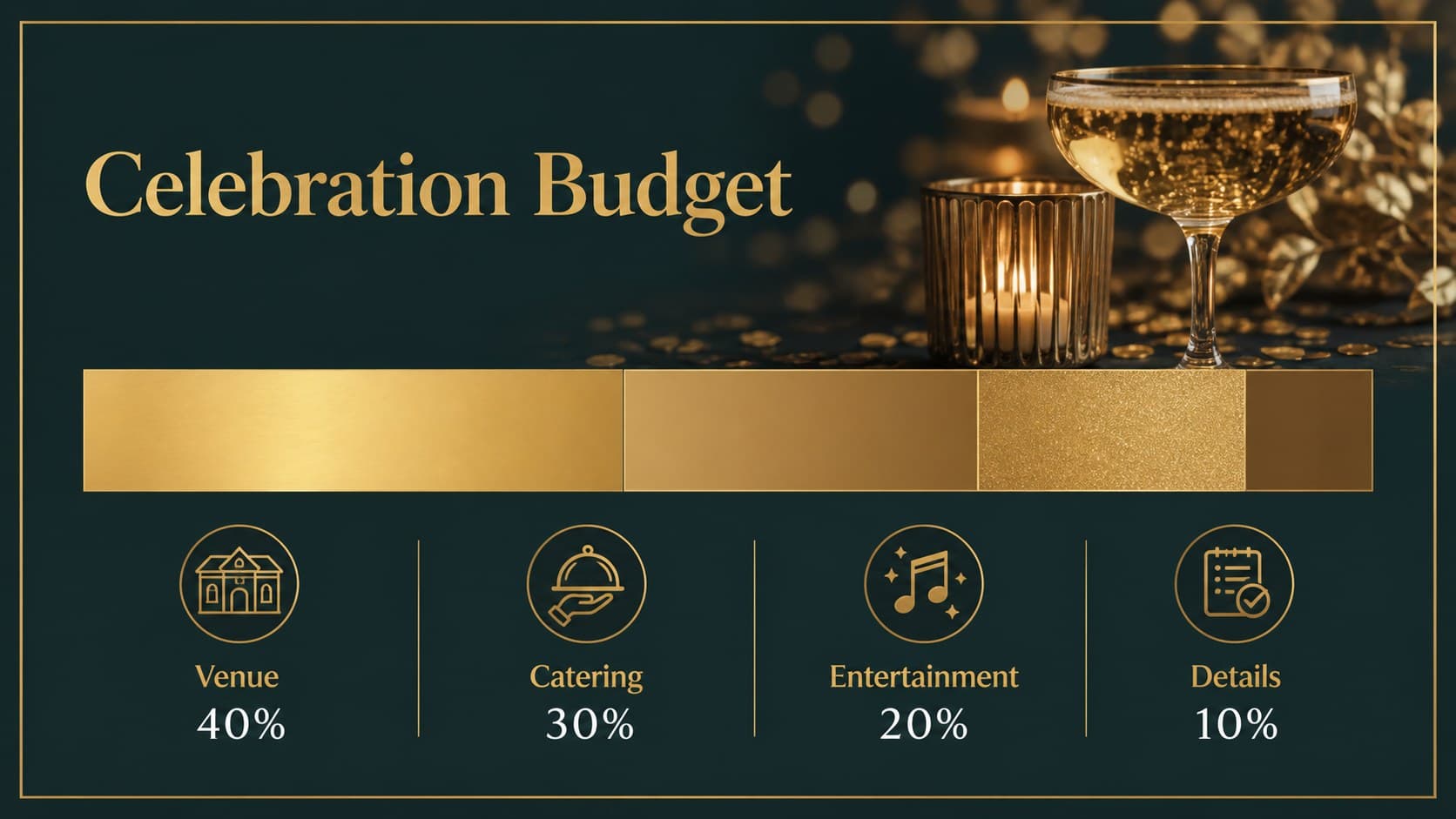 Budget slide displaying a simple gold and green allocation chart for party planning expenses.