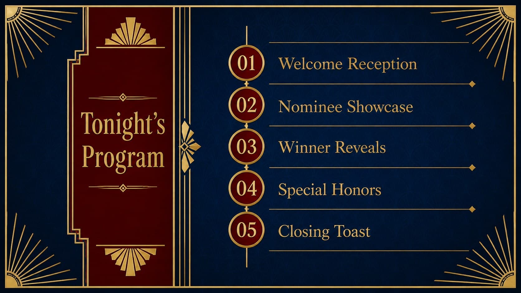 Art Deco gala agenda slide outlining the welcome, nominee showcase, winner reveals, and closing toast.