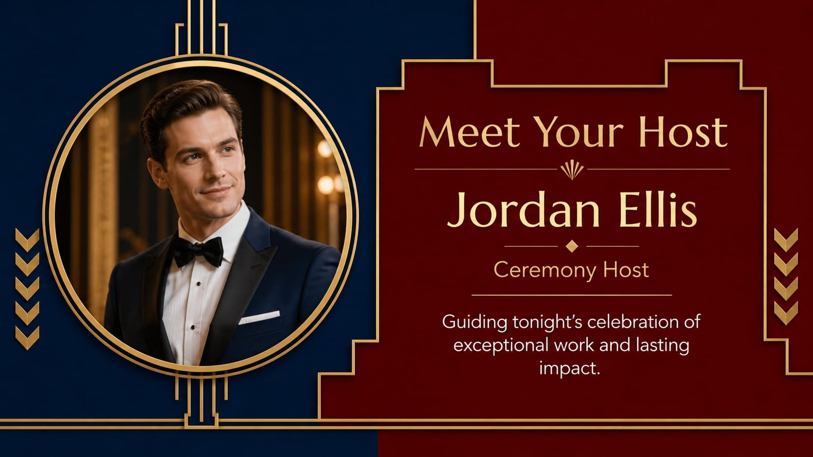 Formal employee recognition slide introducing the gala host with an elegant portrait frame.