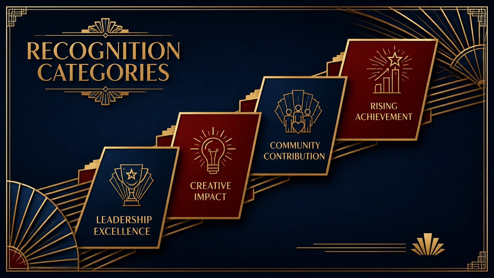 Luxury awards night presentation slide displaying four recognition categories in geometric panels.