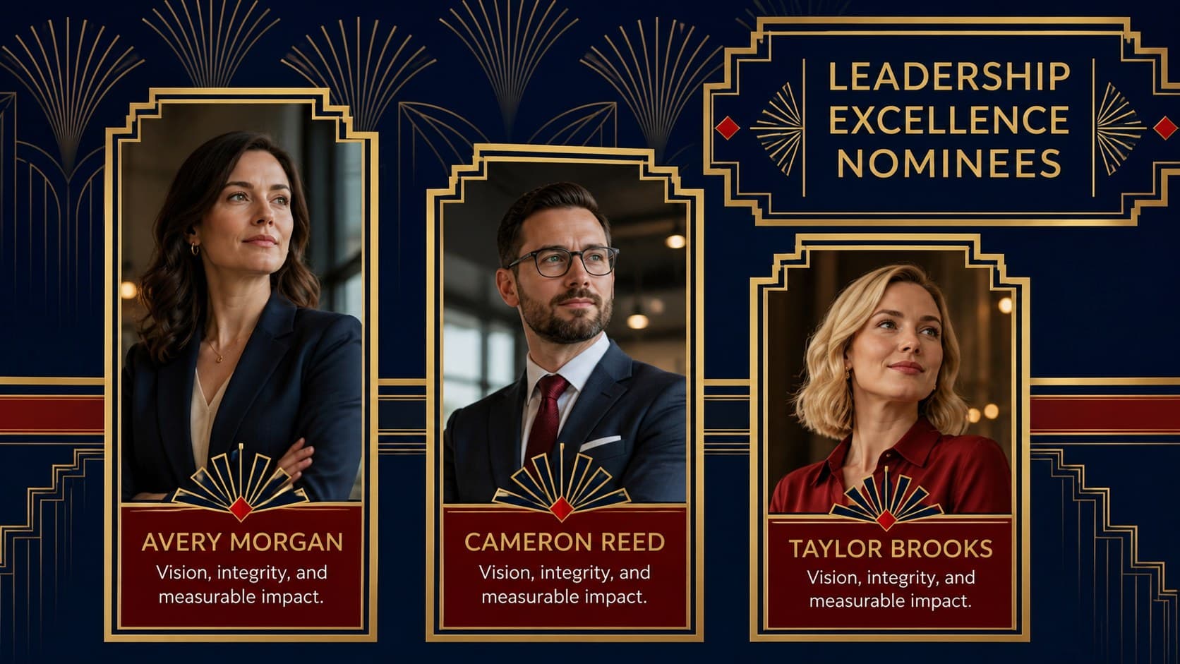 Award nominee profile presentation featuring three honorees with portraits and concise achievement notes.