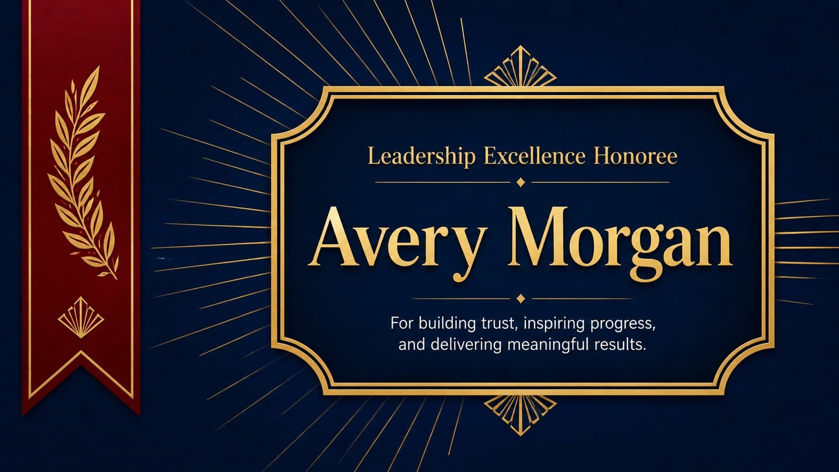 Art Deco winner announcement slide with a bold gold frame and the title Leadership Excellence Honoree.
