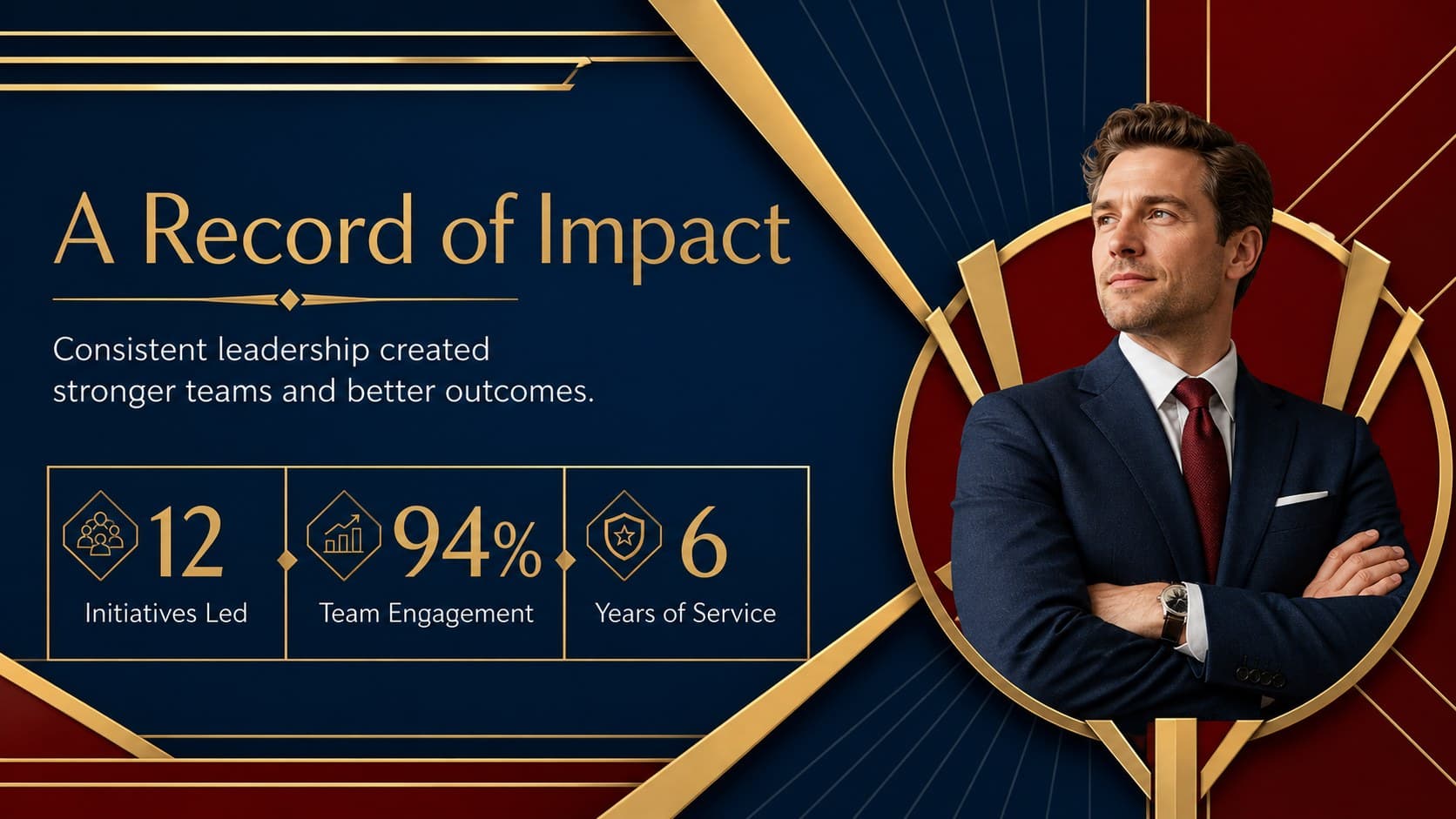Staff achievement celebration deck slide highlighting an honoree's milestones with three key statistics.