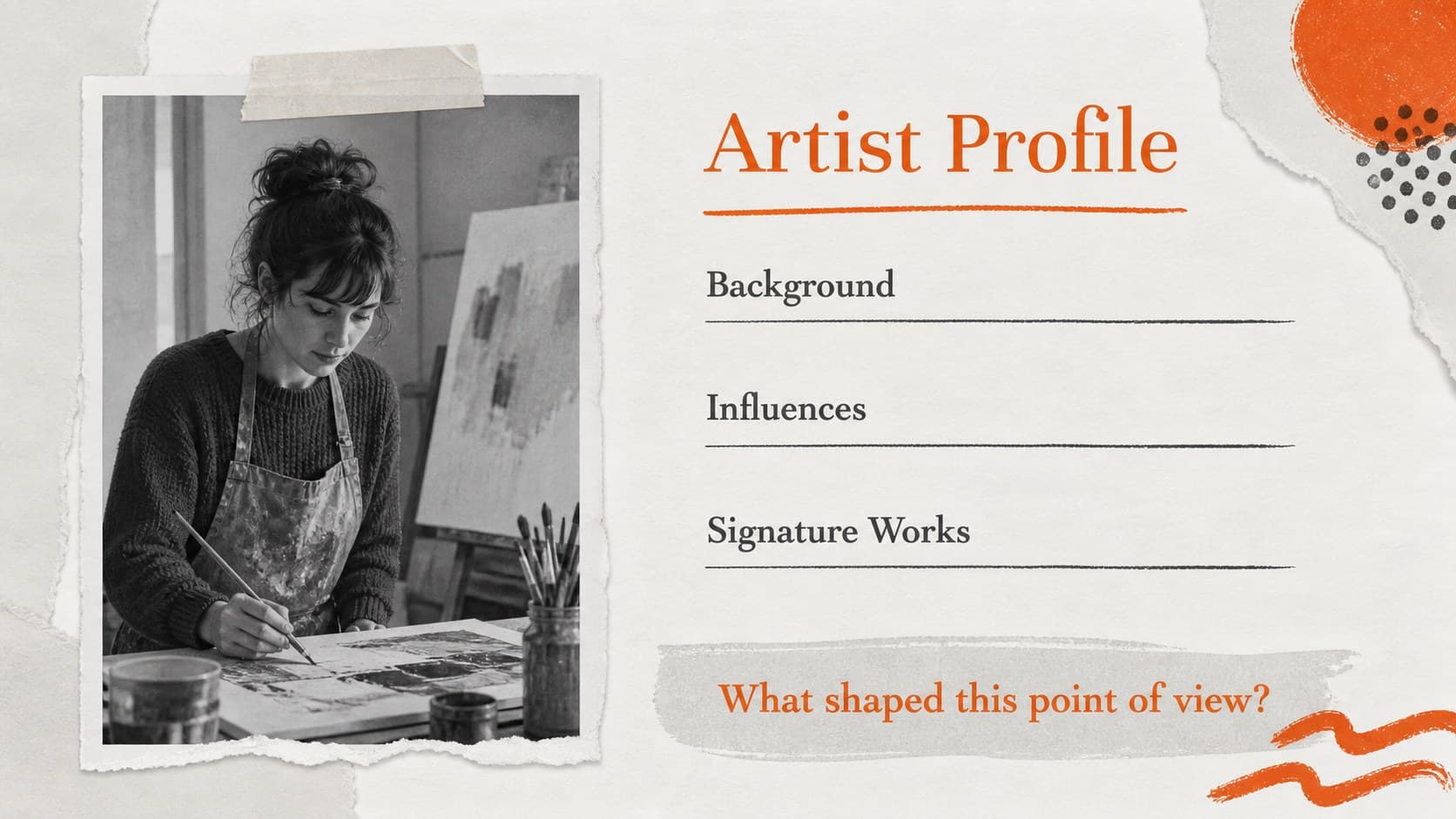 Artist profile layout showing space for biography, influences, and signature works.