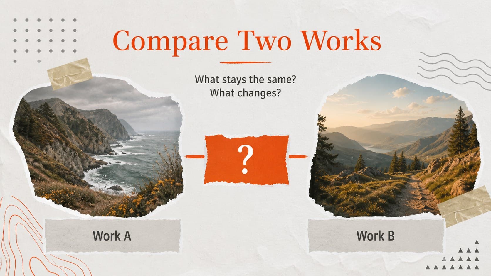 Art appreciation comparison slide contrasting two artworks through structured questions.