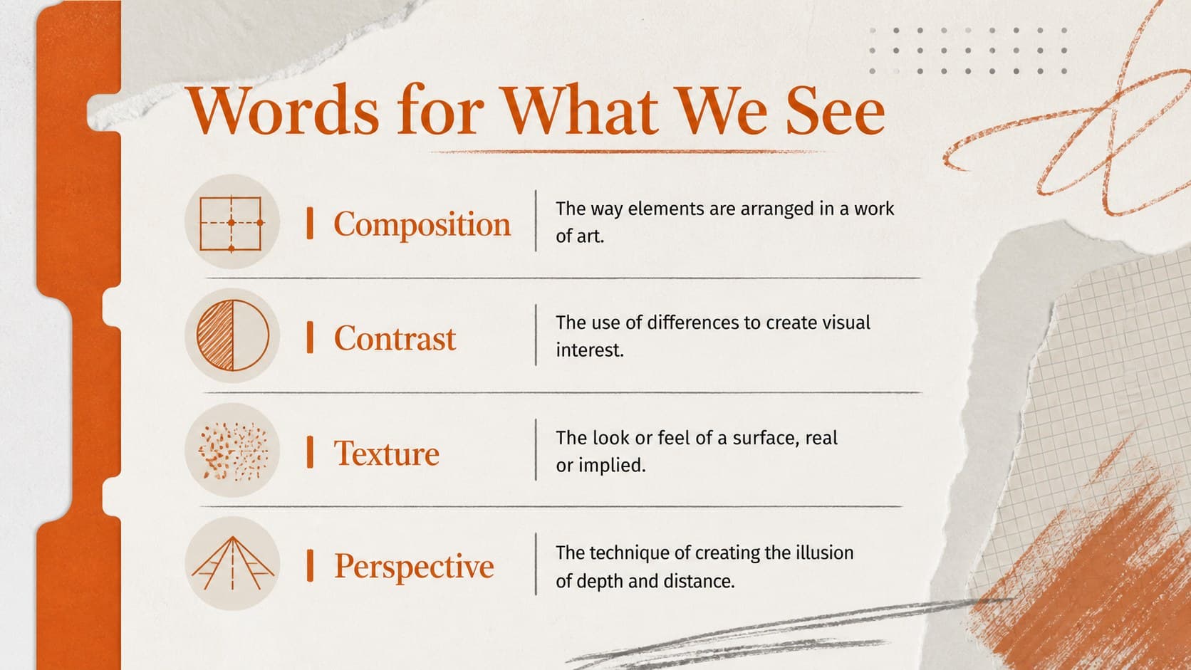 Art vocabulary teaching slide defining formal elements with clear classroom labels.