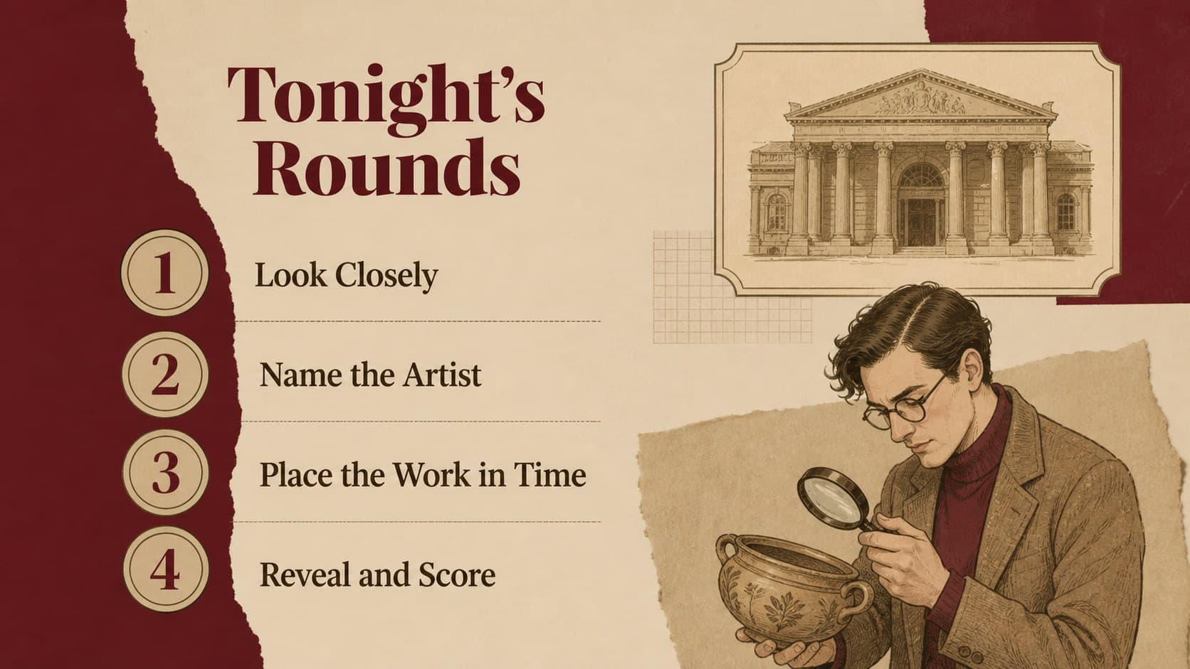 Art history quiz night agenda slide showing rounds and visual learning themes in a warm illustrated style.