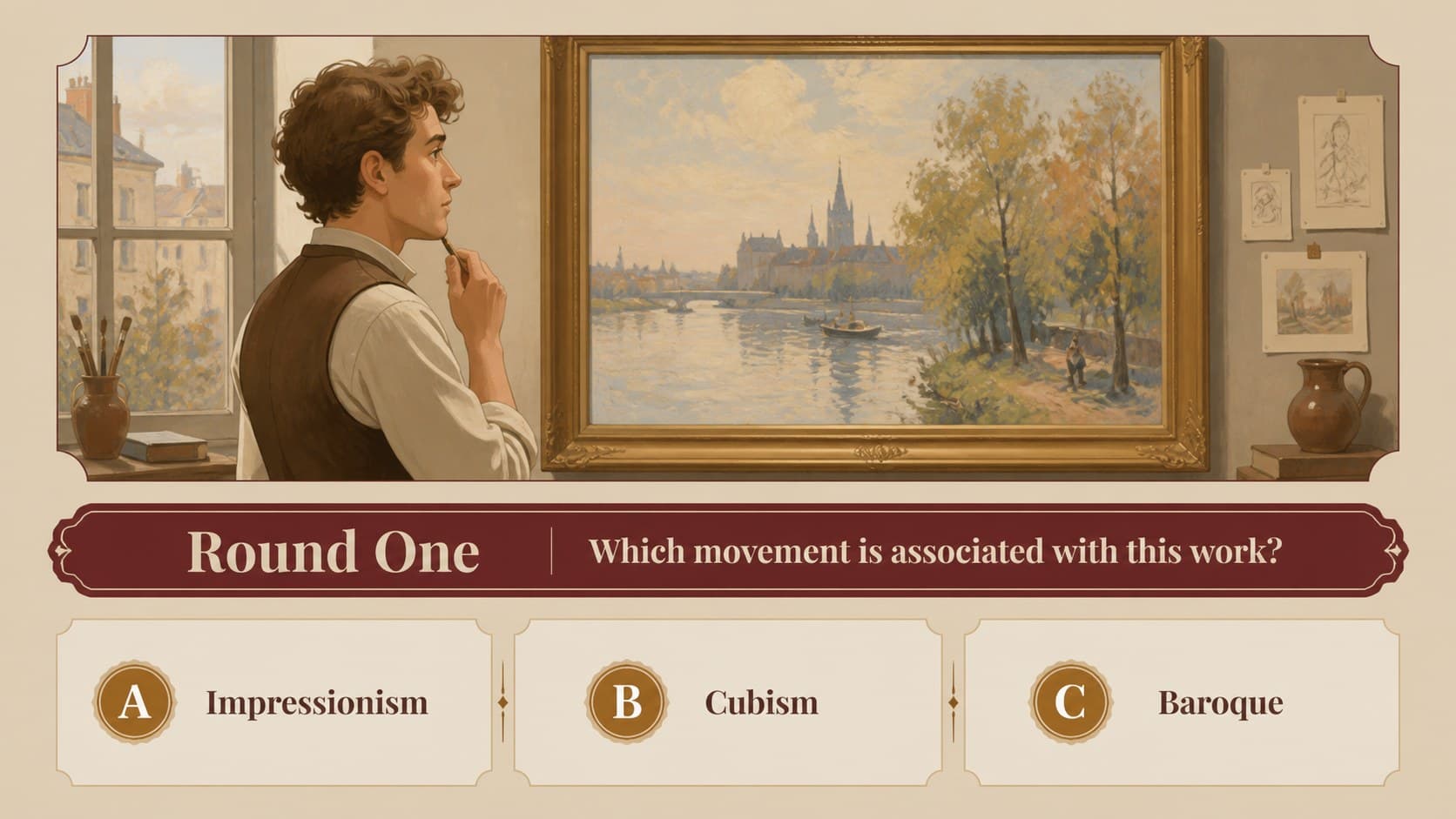 Visual artwork question slide for an interactive art history classroom activity with a framed painting prompt.