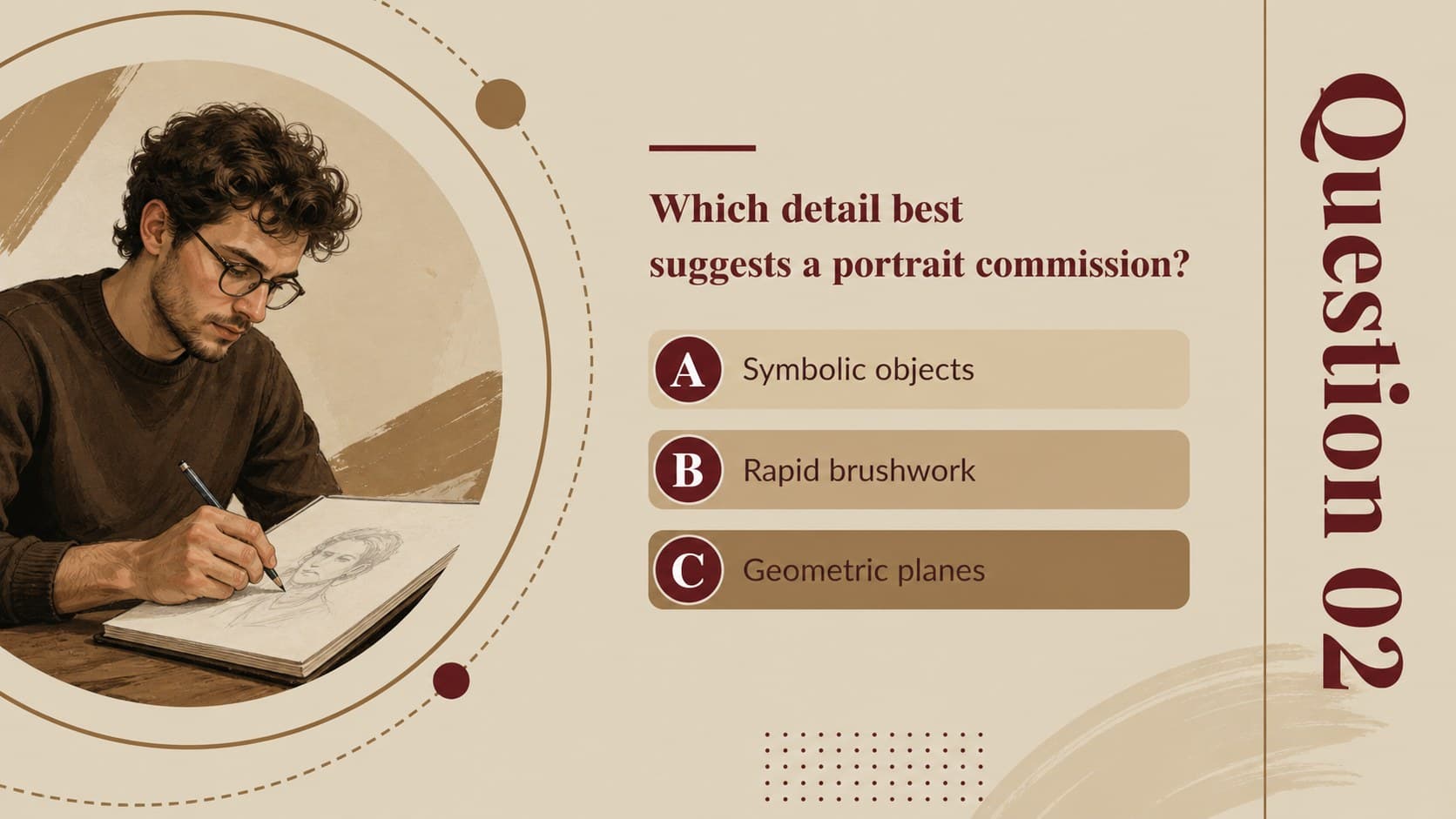 Multiple-choice museum art trivia presentation slide with a painting prompt and three refined answer choices.
