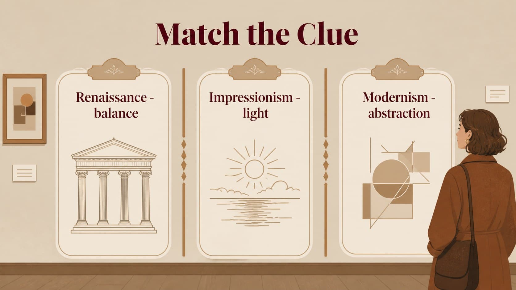 Art movements review game slide comparing visual clues from Renaissance, Impressionist, and Modern works.