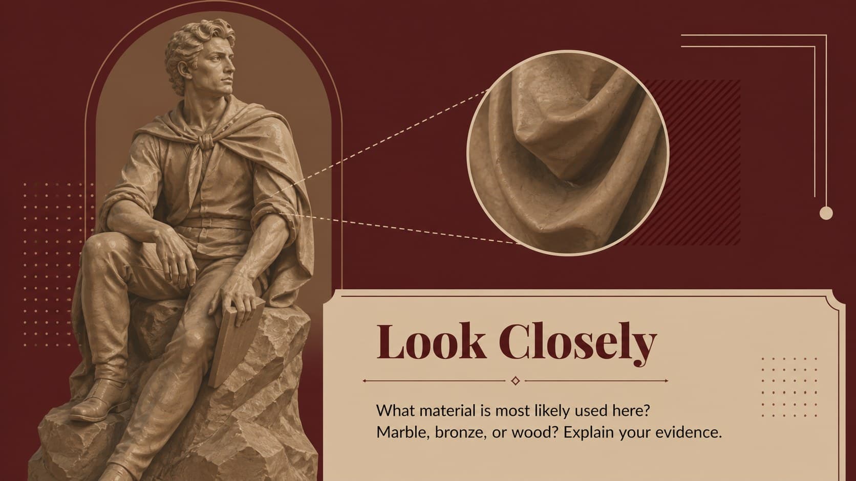 Painting and sculpture trivia slide highlighting a close visual observation prompt for students.
