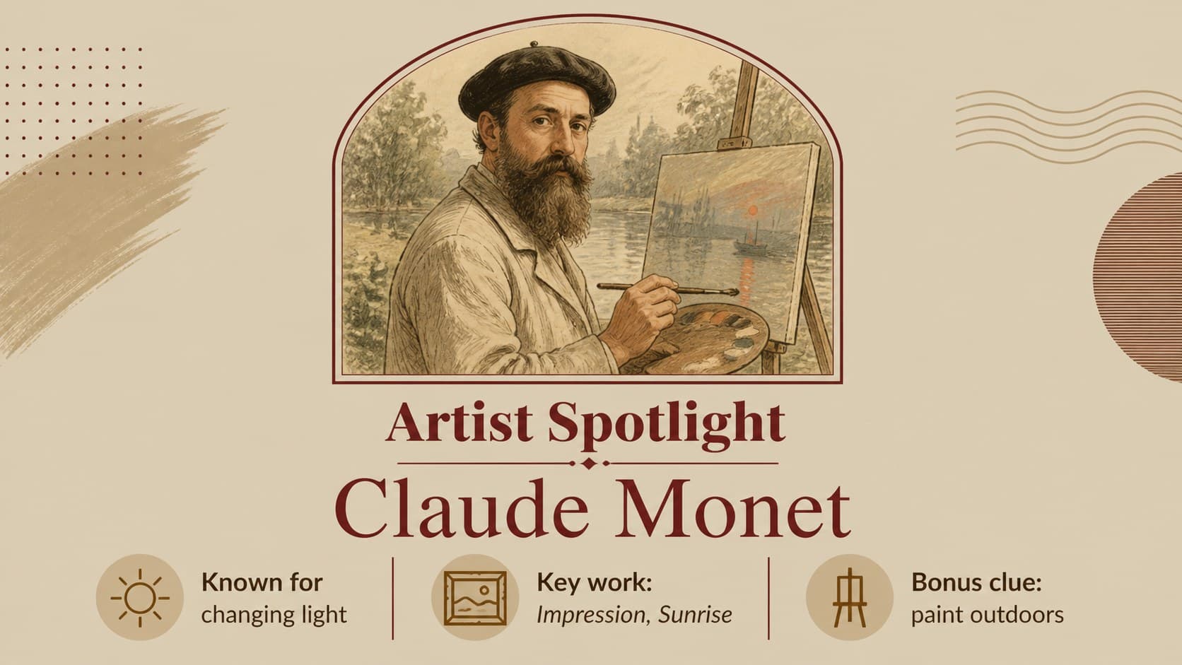 Artist spotlight slide for an editable art history game deck featuring biography facts and a portrait area.