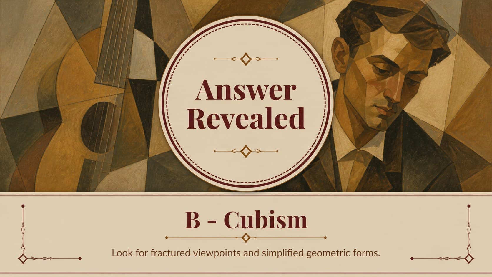Art appreciation quiz presentation slide revealing the correct answer with a highlighted artwork detail.