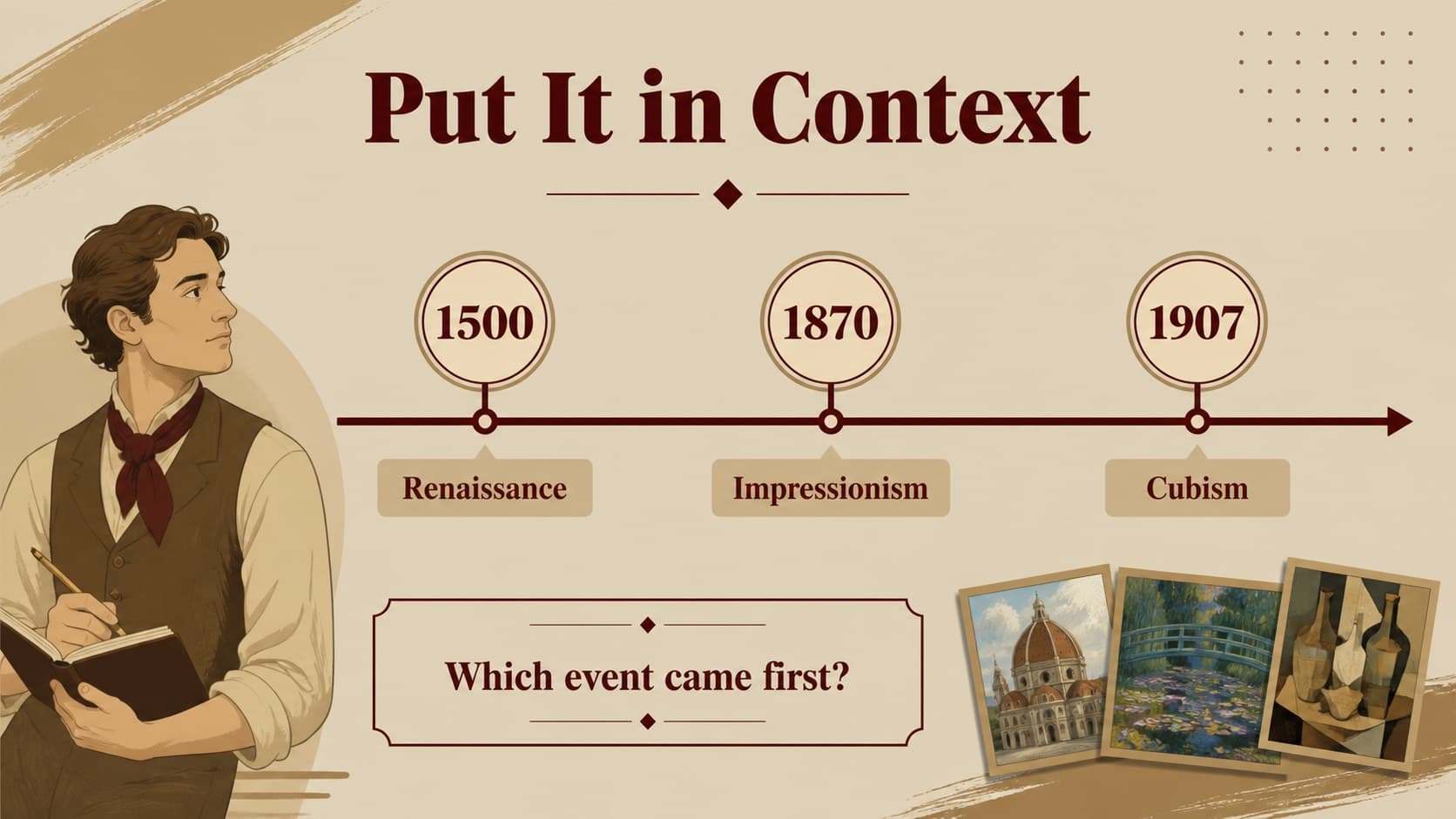 Museum art trivia presentation slide with a timeline question connecting artists, movements, and historical periods.