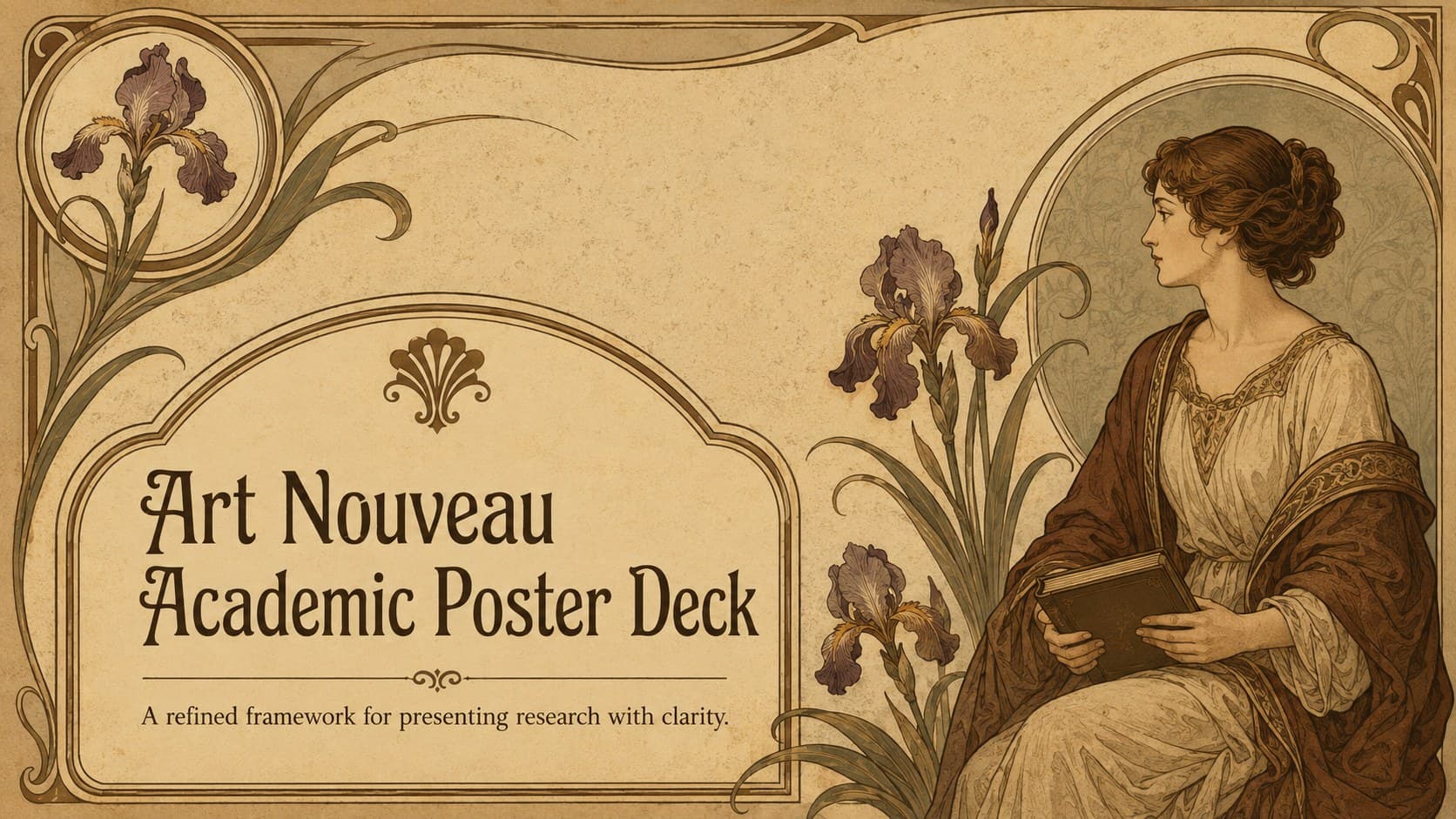 Cover of an Art Nouveau academic poster deck with brown botanical ornament and classic typography.