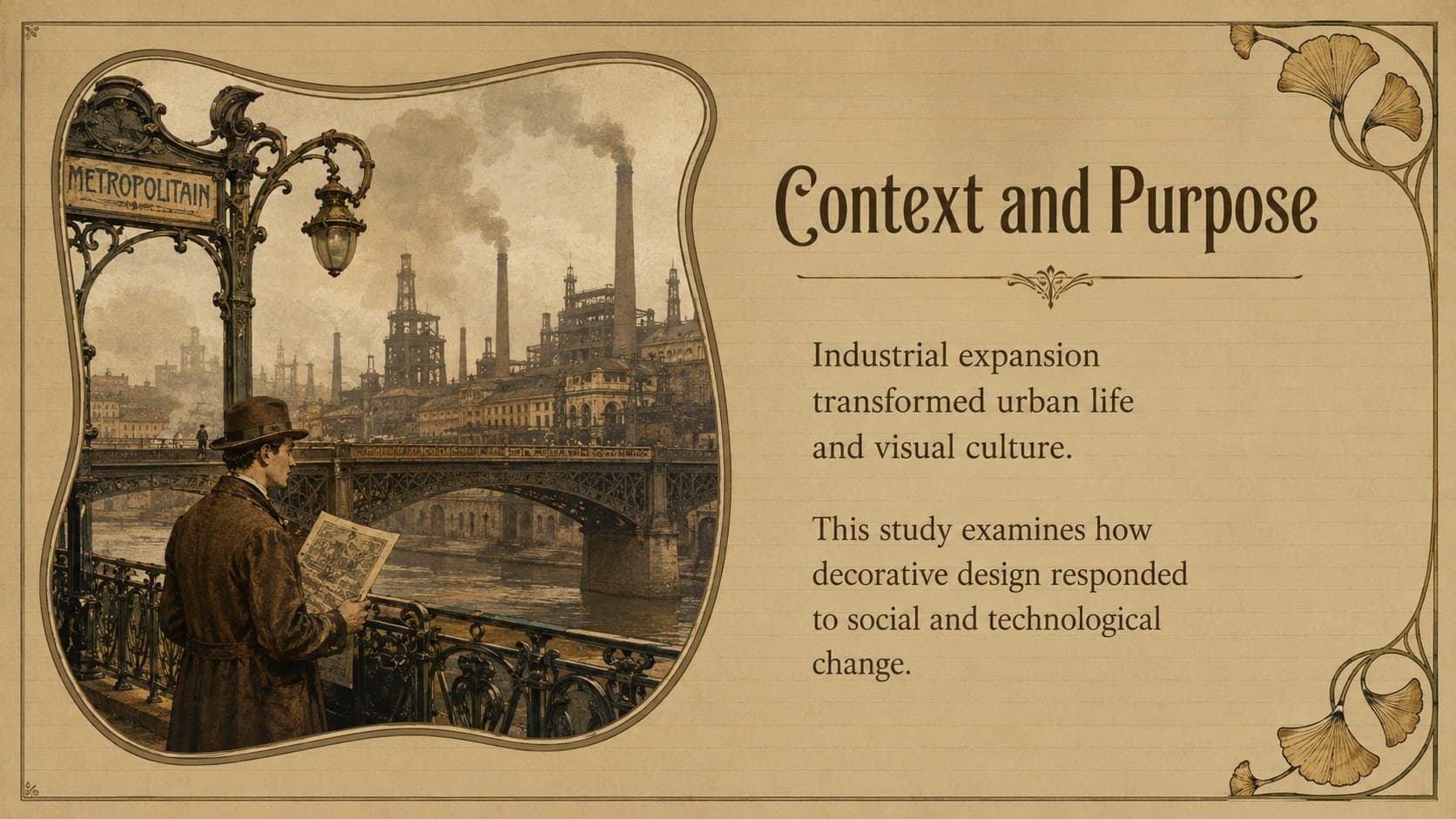 Art Nouveau research context slide featuring an archival image frame and concise academic background text.