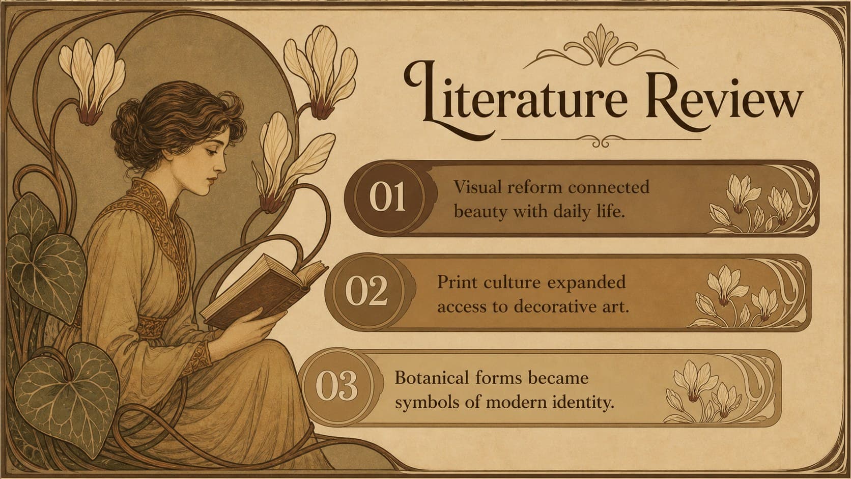 Vintage literature review slide with three source summaries and botanical Art Nouveau decoration.
