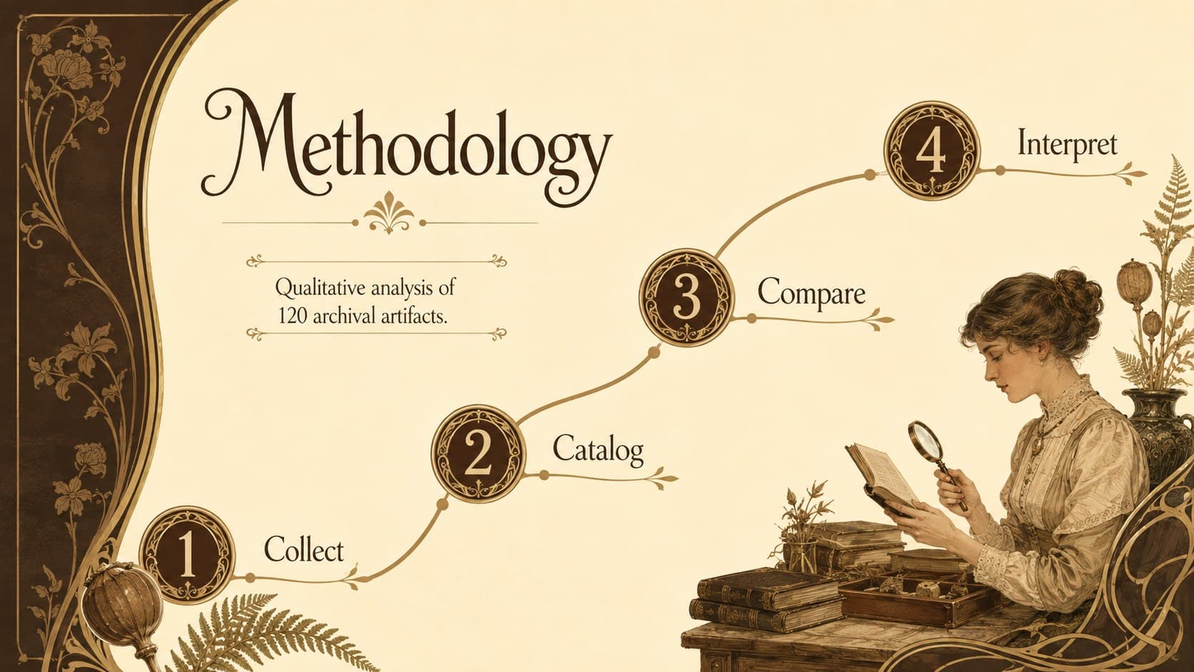 Ornamental thesis defense slide showing a four-stage qualitative research methodology.