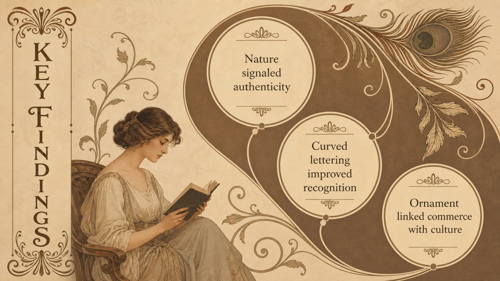 Student research poster presentation slide displaying three key findings in an Art Nouveau layout.