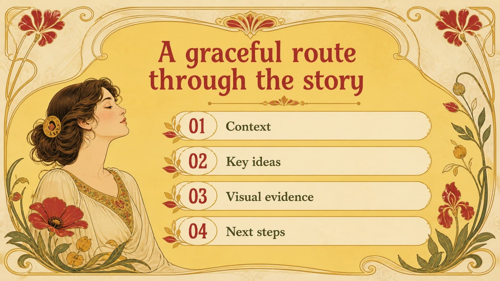 Agenda slide organizing a vintage floral presentation theme into four botanical-inspired sections.