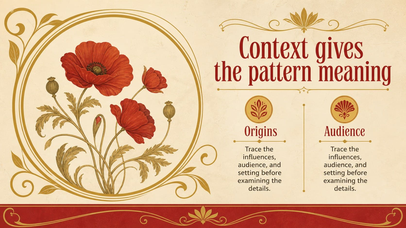 Two-column content slide explaining visual context in a gold yellow red decorative presentation design.