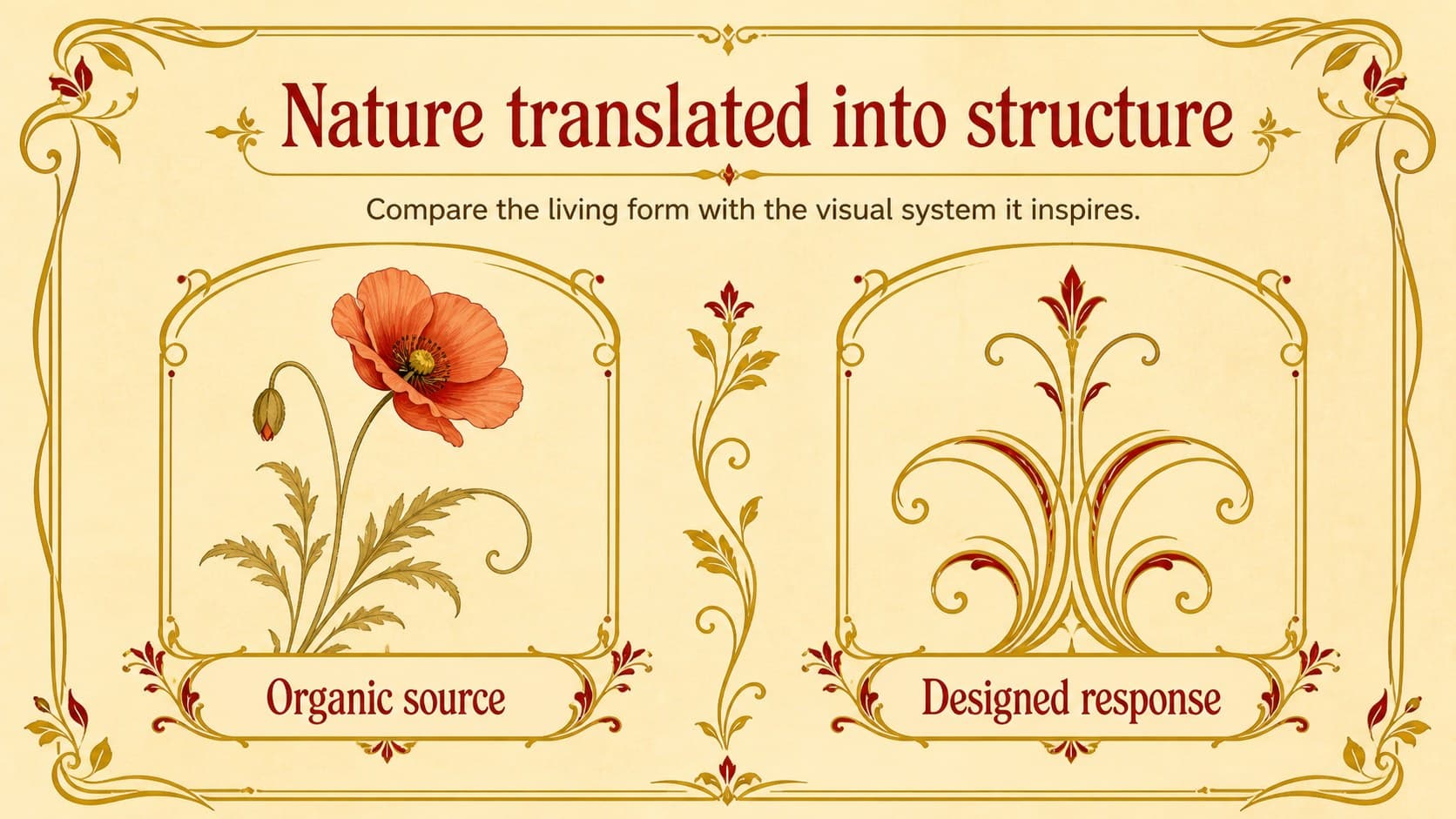 Comparison slide contrasting natural forms and decorative structure in an ornamental presentation template.