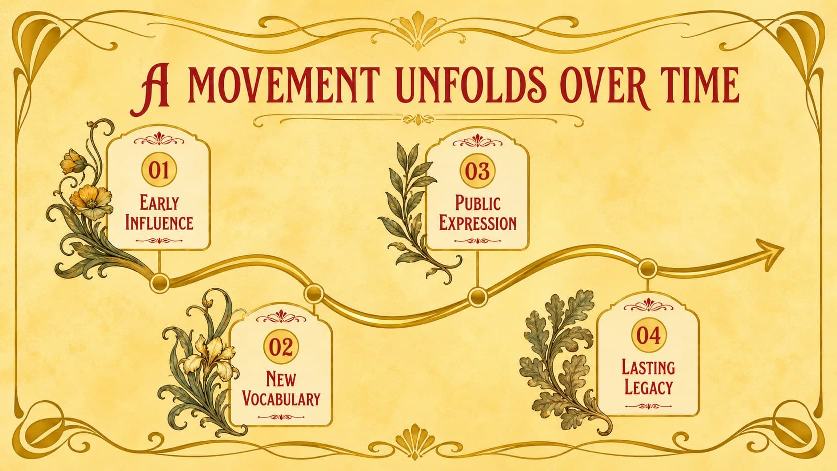 Timeline slide showing a sequence of artistic developments in a vintage floral presentation theme.