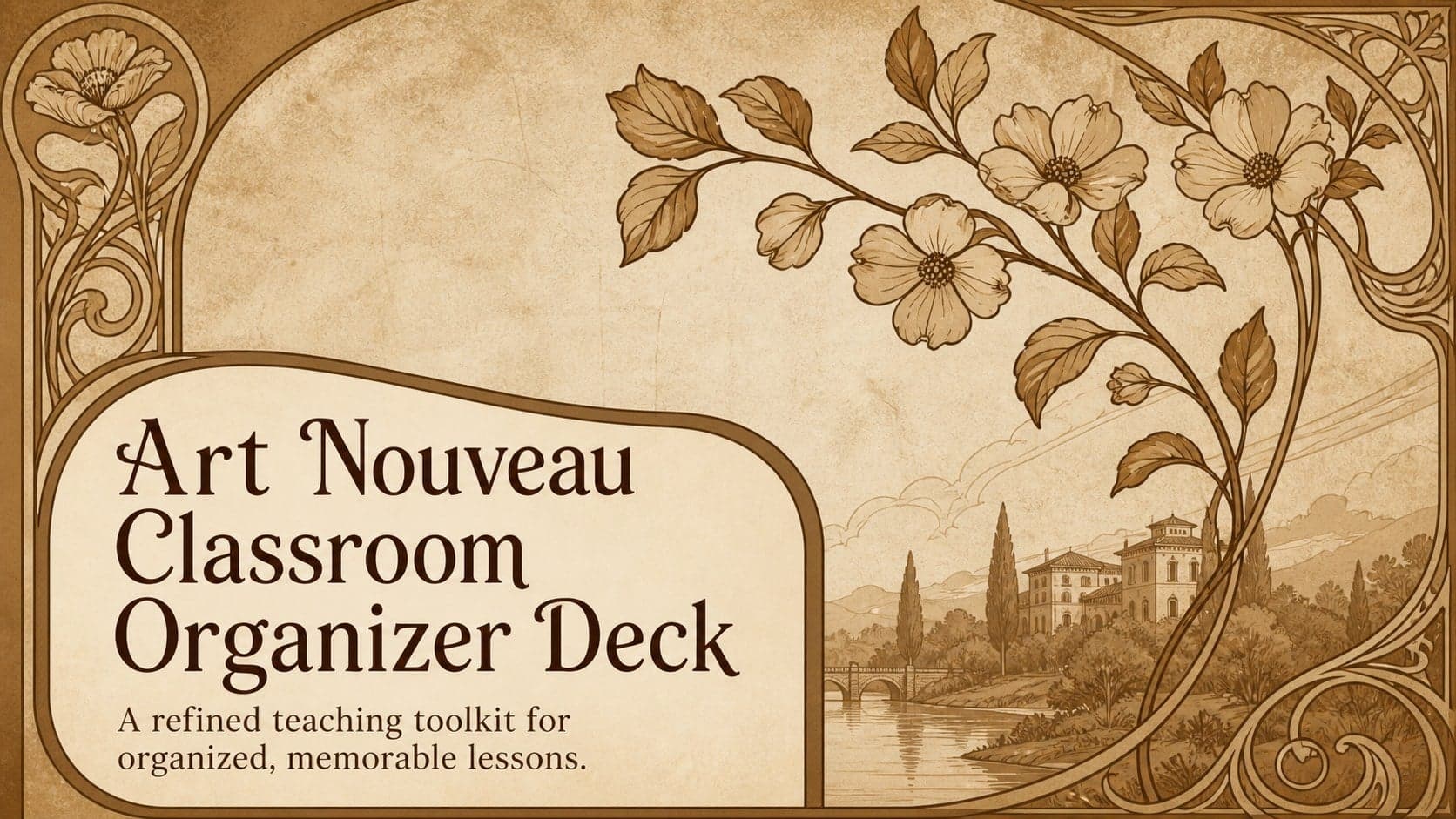 Cover of the Art Nouveau classroom organizer deck with brown botanical ornament and elegant academic typography.
