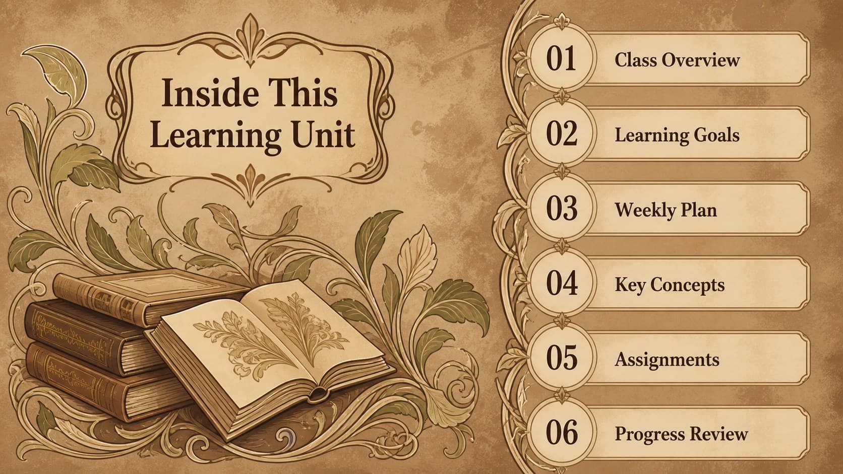Art Nouveau lesson planner slides showing a numbered contents page for a classroom unit.
