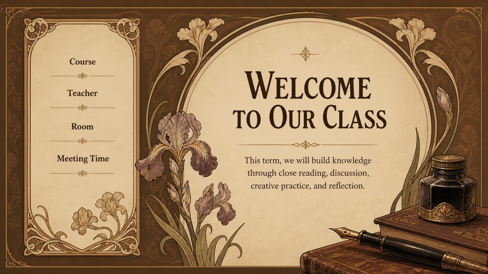 Vintage classroom planning template page presenting class details and an educator welcome message.