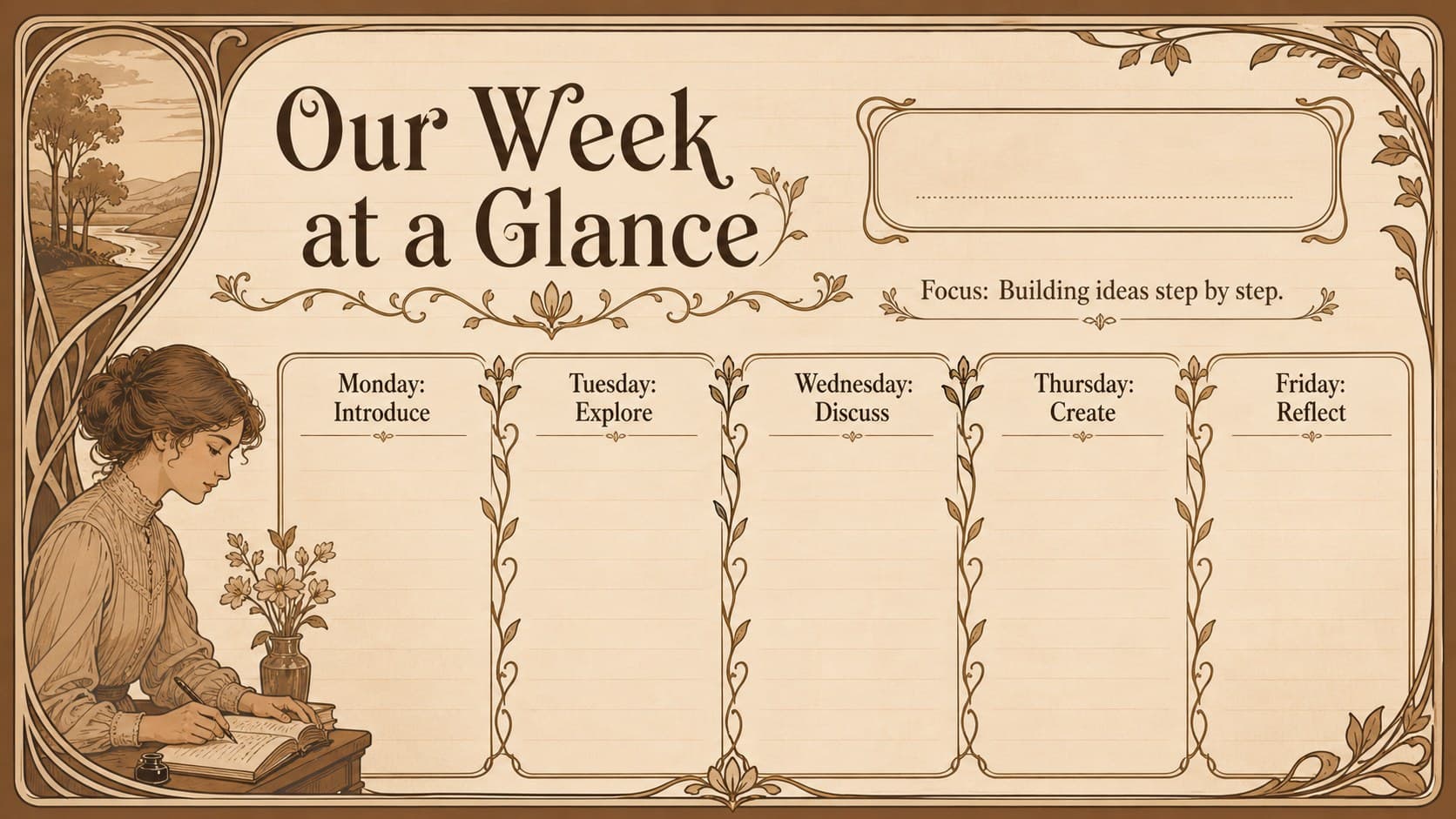 Botanical classroom slides for teachers featuring a five-day weekly learning schedule.