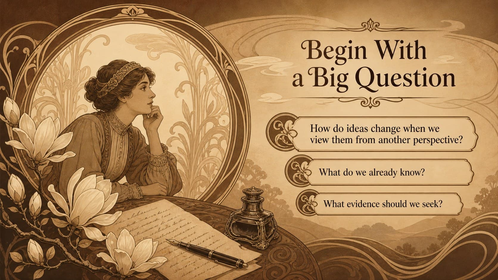 Art Nouveau classroom organizer deck slide introducing a lesson topic with guiding questions.