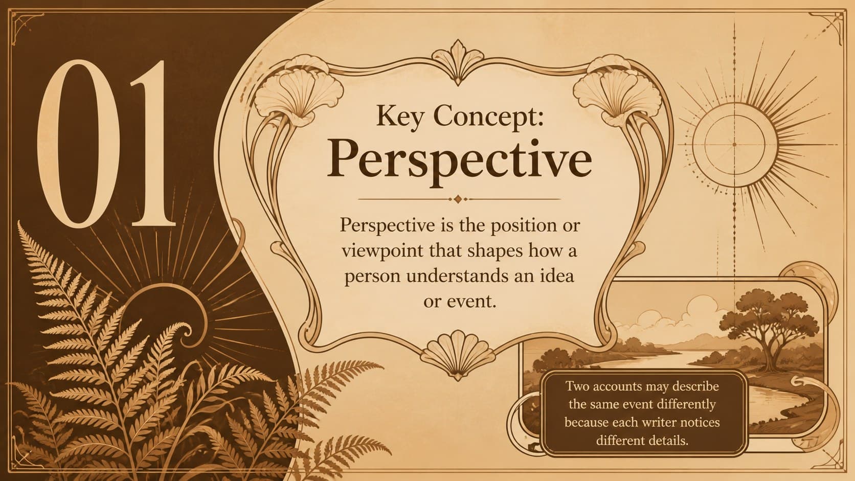 Brown floral teaching presentation slide explaining a key concept with definition and example.