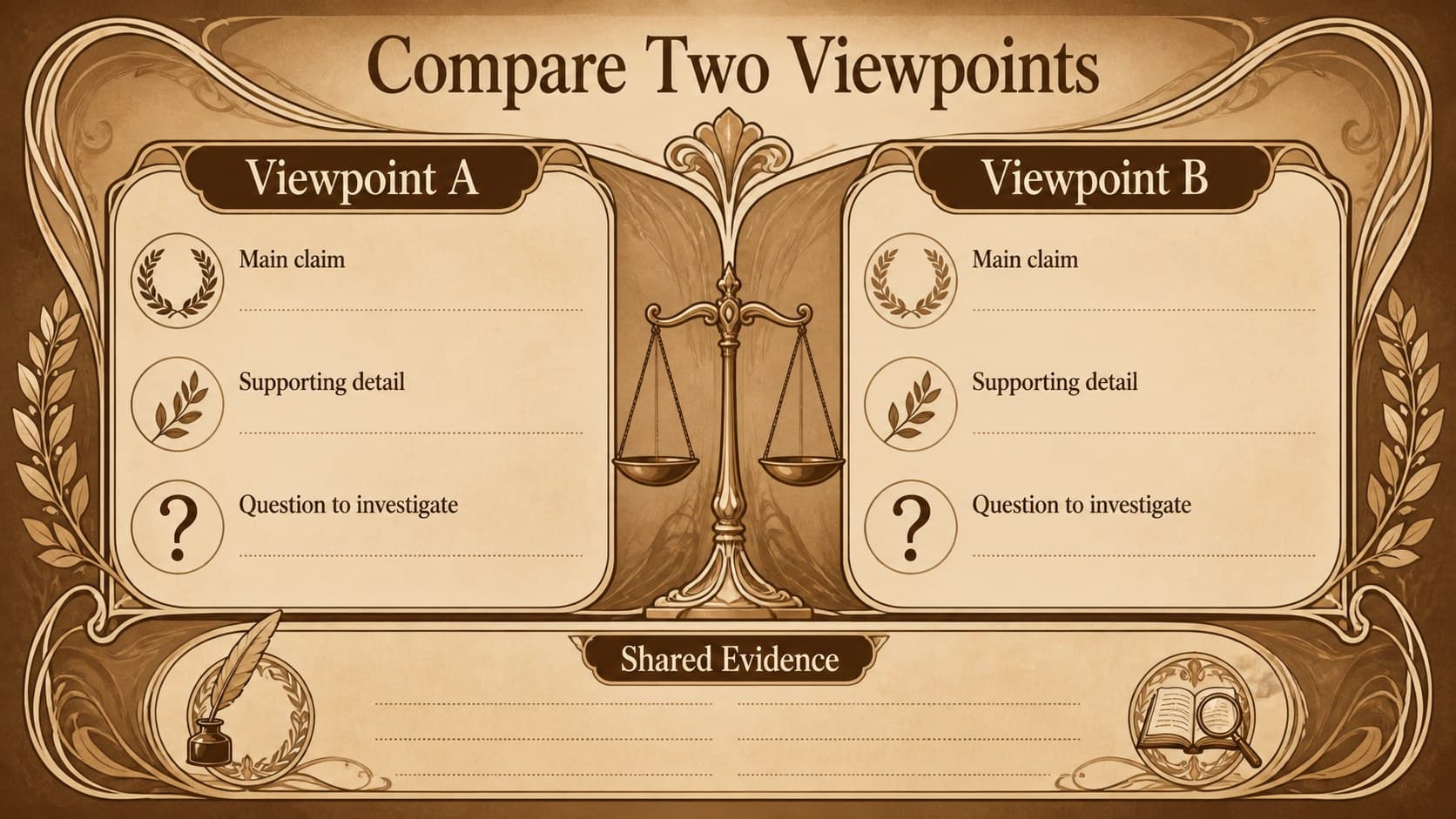 Vintage classroom planning template slide comparing two viewpoints in a balanced table.