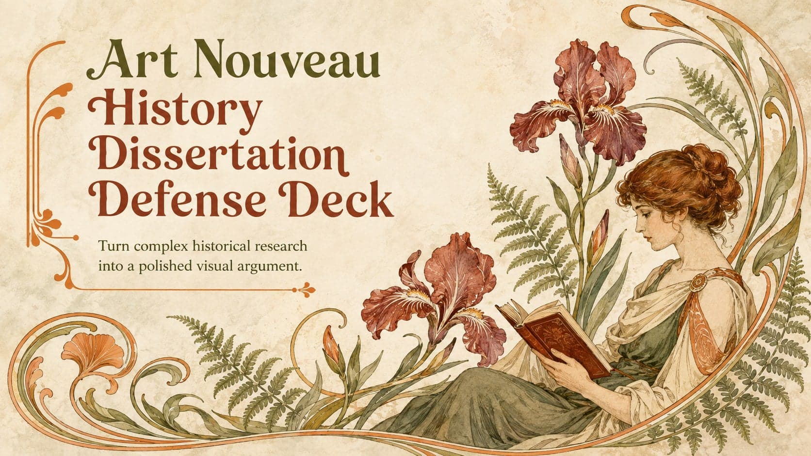 Cover for an Art Nouveau history dissertation defense deck with botanical ornament in orange, red, and green.