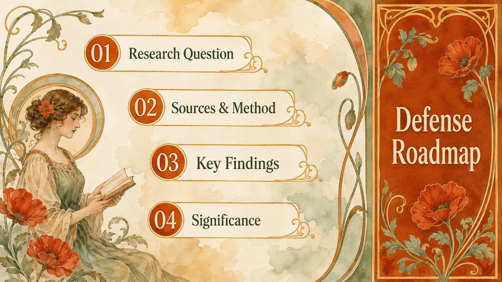 Art Nouveau dissertation presentation agenda outlining the research question, evidence, findings, and conclusion.