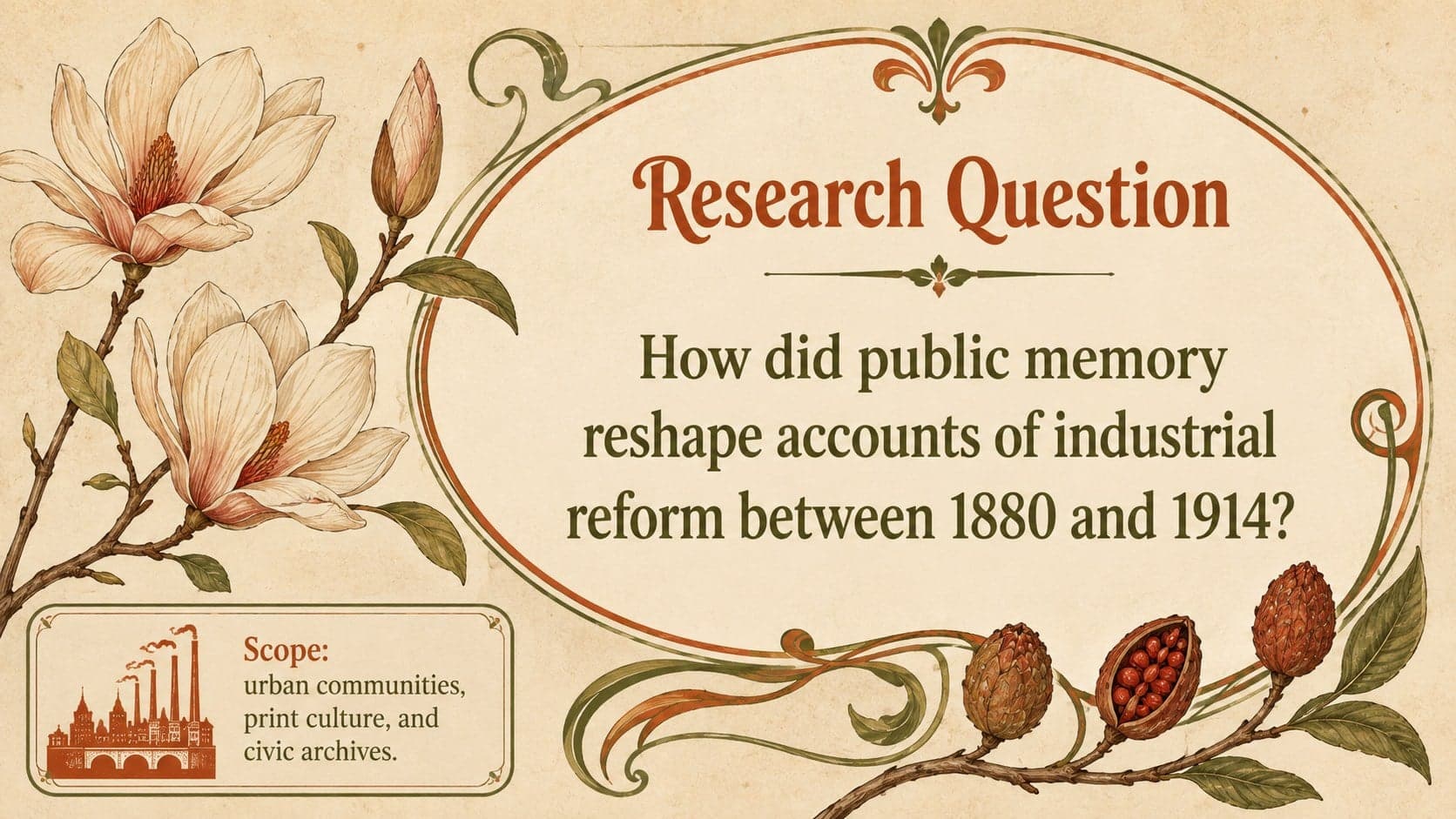 History thesis defense slide presenting a focused research question within a floral Art Nouveau frame.
