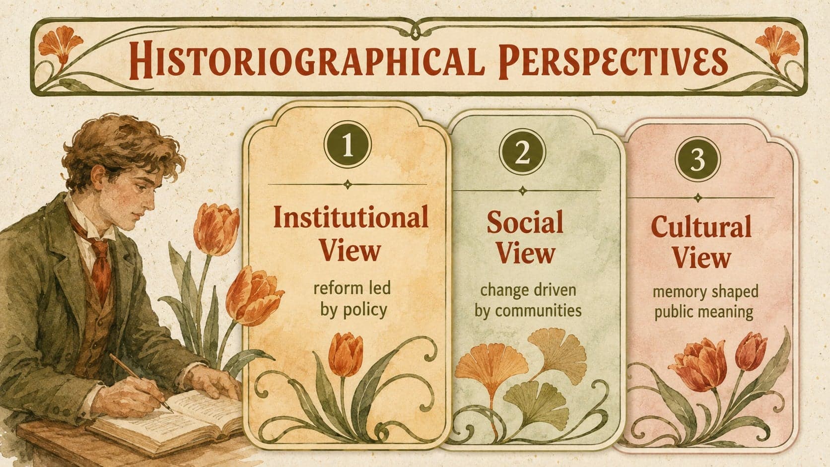 Vintage dissertation defense template slide comparing three schools of historical interpretation.
