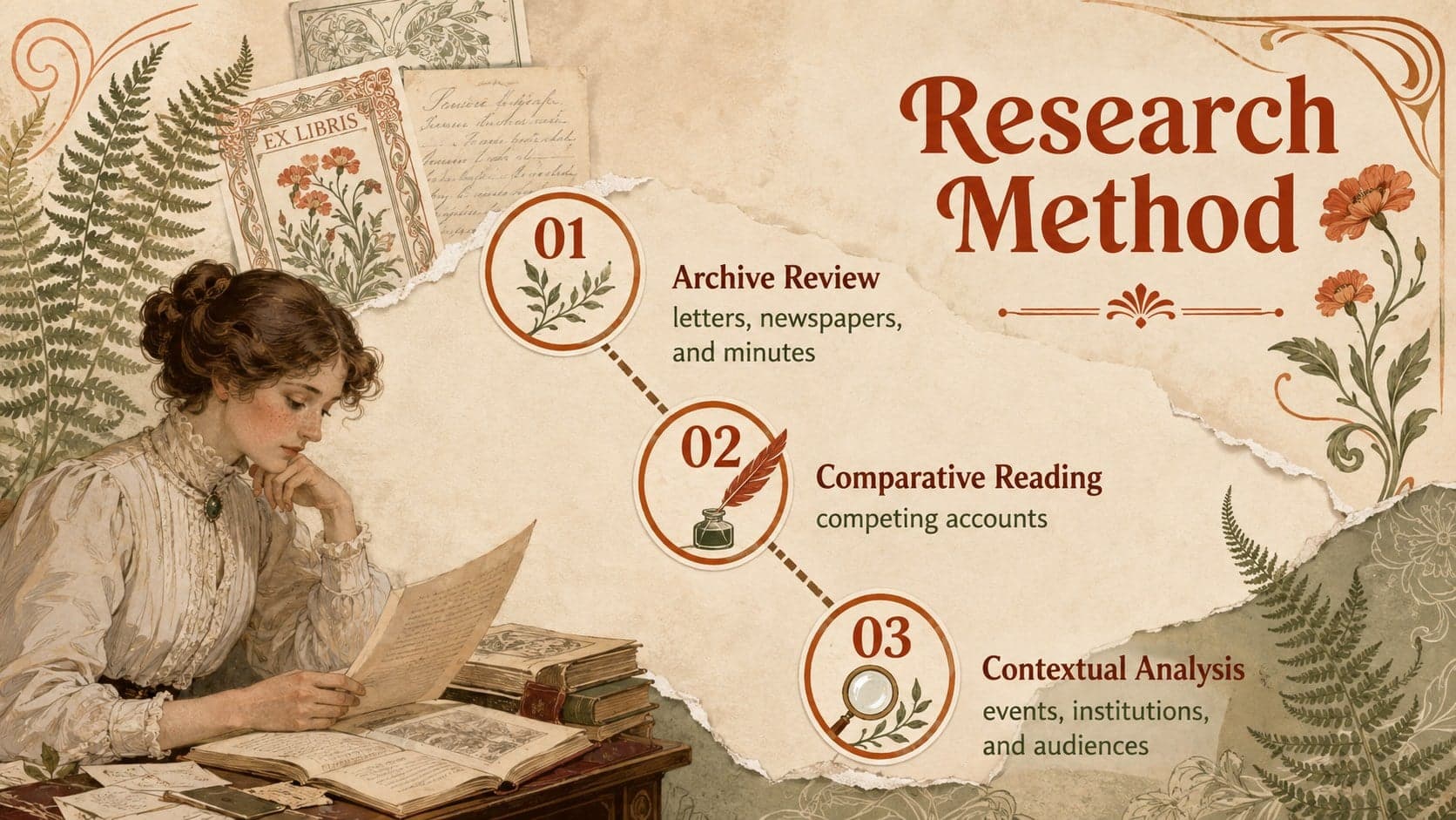 Historical research presentation layout explaining archival, comparative, and contextual methods.