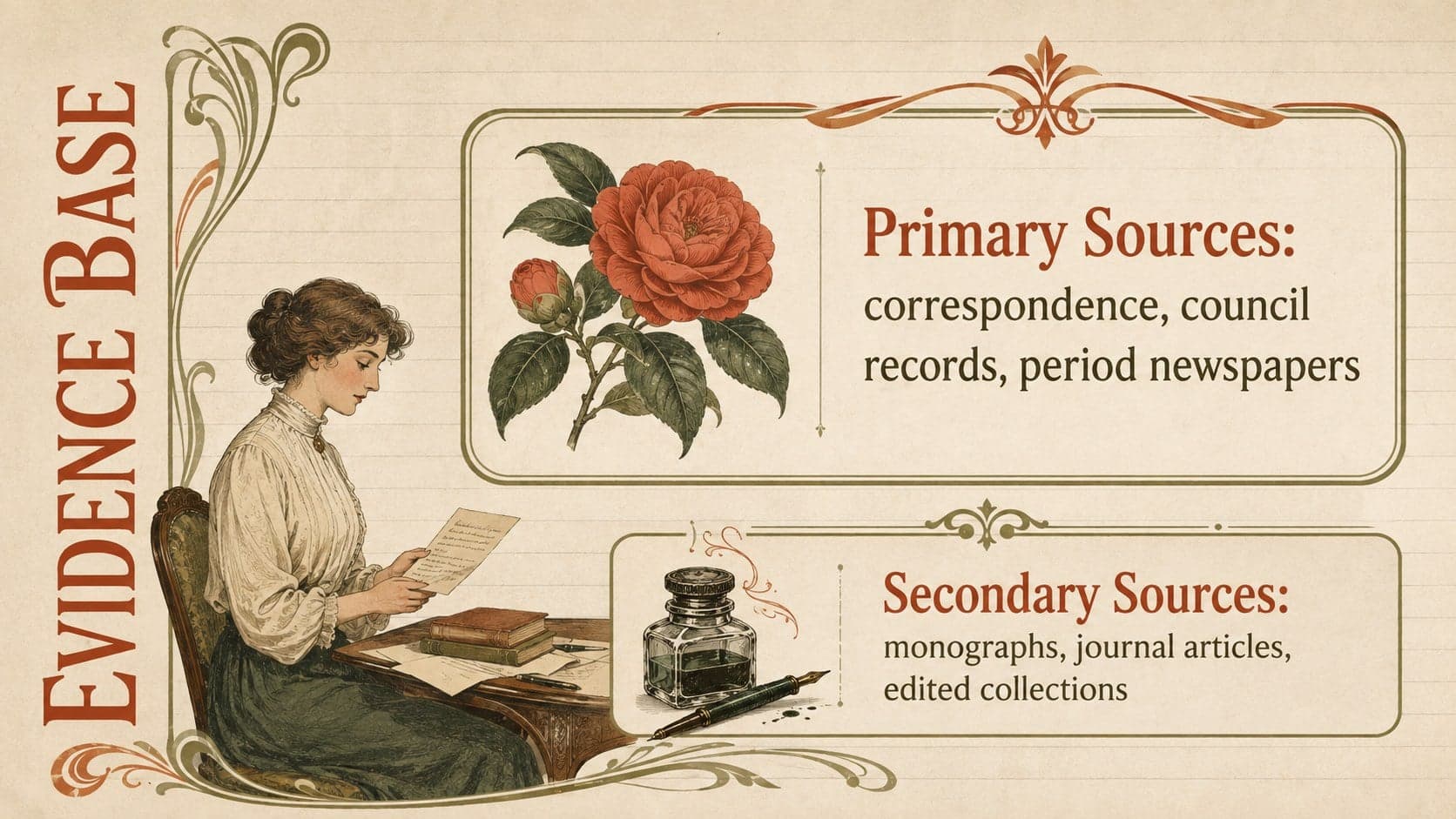 Archival research presentation slide organizing primary and secondary historical sources.