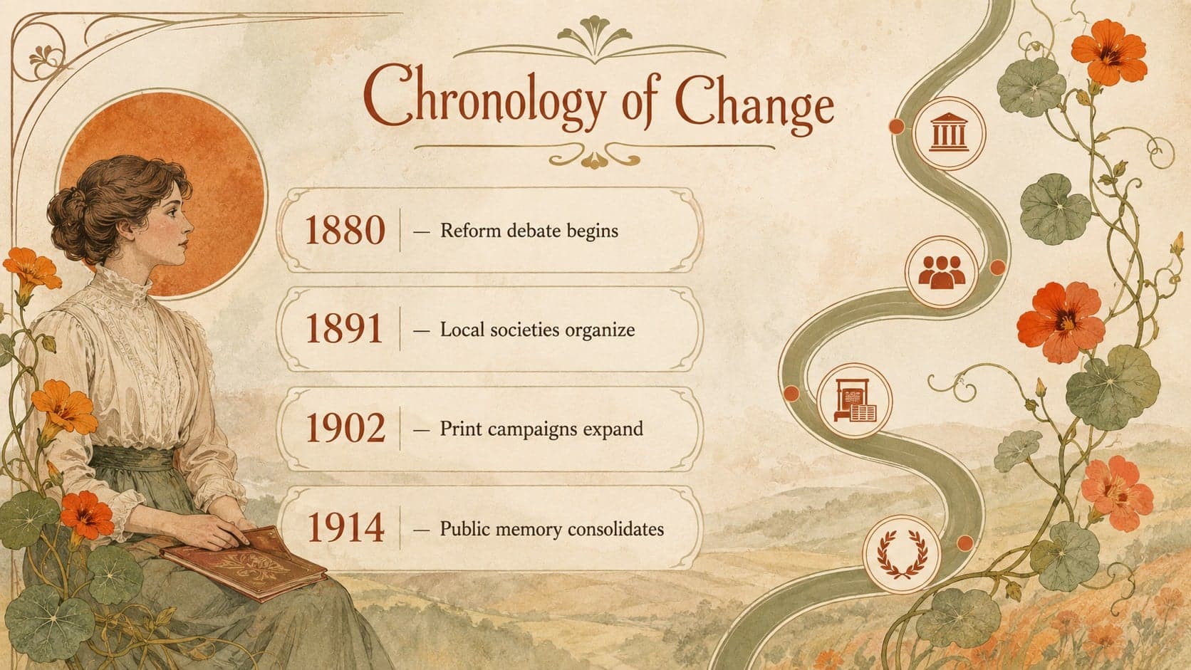 Art Nouveau history thesis timeline showing four milestones in an archival research project.