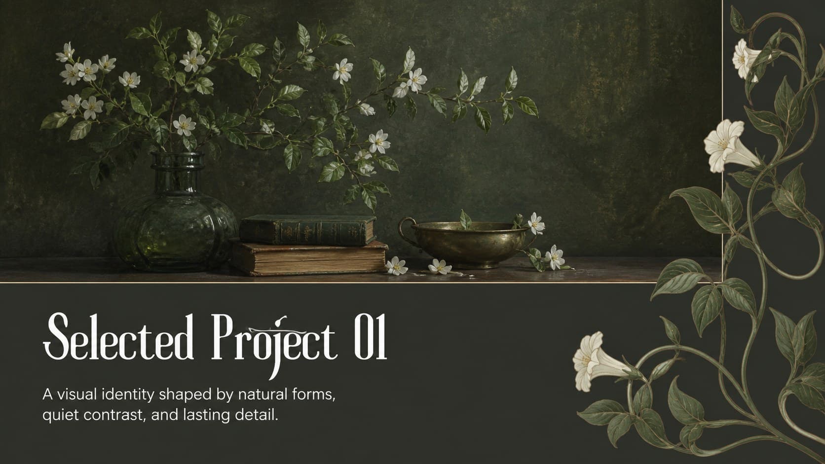 Dark green botanical portfolio slide introducing a selected creative project with vintage art nouveau styling.